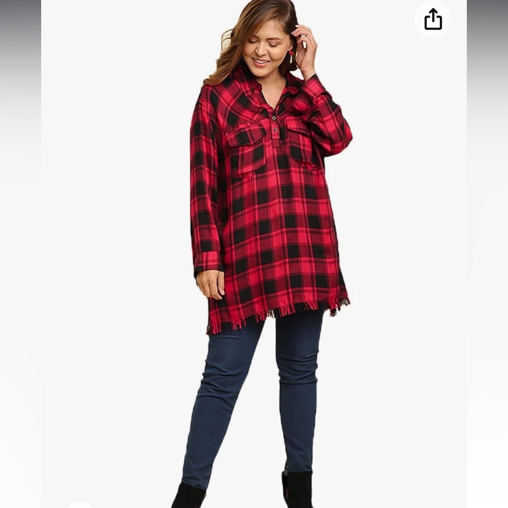 Umgee red buffalo plaid tunic top - Picture 15 of 15